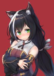 Rule 34 | 1girl, animal ear fluff, animal ears, bare shoulders, black hair, blush, breasts, cat ears, cat girl, crossed arms, detached sleeves, dress, frown, green eyes, karyl (princess connect!), long hair, looking at viewer, low twintails, medium breasts, multicolored hair, princess connect!, red background, sakimori dan, simple background, sleeveless, sleeveless dress, solo, streaked hair, tail, twintails, upper body, white hair
