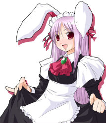 Rule 34 | 1girl, alternate costume, animal ears, blush, enmaided, female focus, long hair, lowres, maid, natsumi akira, purple hair, rabbit ears, red eyes, reisen udongein inaba, simple background, skirt hold, solo, touhou, white background