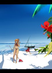 Rule 34 | 2girls, barefoot, beach, bikini, boat, chen, day, female focus, flower, garnet, hair up, hibiscus, highres, letterboxed, multiple girls, no headwear, no headwear, ocean, outdoors, outstretched arms, road sign, running, sign, sky, spread arms, swimsuit, tankini, touhou, water, watercraft, waving, yakumo yukari