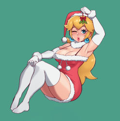 Rule 34 | 1girl, alternate costume, arm up, armpits, bad id, bad twitter id, blonde hair, blue eyes, breasts, cleavage, dress, earrings, fur-trimmed headwear, fur trim, gloves, green background, hat, highres, holding, holding mistletoe, jewelry, large breasts, lipstick, long hair, looking at viewer, mairo, makeup, mario (series), mistletoe, nintendo, one eye closed, pink hat, pink lips, pom pom (clothes), princess peach, puckered lips, riz, santa costume, santa dress, santa hat, simple background, solo, thick thighs, thighhighs, thighs, tight clothes, tight dress, white thighhighs