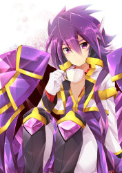 Rule 34 | 1boy, cup, gloves, holding, holding cup, jacket, looking at viewer, male focus, pants, purple eyes, purple hair, purple shirt, purple theme, rento (rukeai), saikyou ginga ultimate zero ~battle spirits~, shirt, spiked hair, teacup, unbuttoned, white gloves, white jacket, white pants, zero the flash