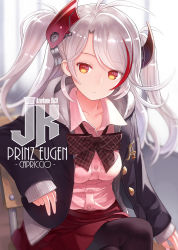 Rule 34 | 1girl, alternate costume, artist name, azur lane, black pantyhose, blue jacket, bow, bowtie, brown bow, brown bowtie, buttons, capriccio, chair, closed mouth, collared shirt, commentary request, crossed legs, day, hood, hood down, indoors, jacket, long sleeves, looking at viewer, pantyhose, pink shirt, pleated skirt, prinz eugen (azur lane), red eyes, red skirt, shirt, silver hair, sitting, skirt, sleeves past wrists, solo, twintails, two side up, wing collar