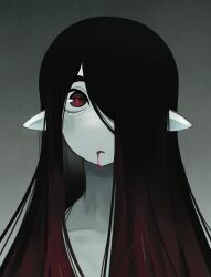 Rule 34 | 1girl, absurdres, black hair, blood, blood from mouth, collarbone, colored skin, gradient background, grey background, grey skin, highres, justadrian (yoadriandk), licorice (justadrian), long hair, looking at viewer, open mouth, original, pointy ears, portrait, red eyes, solo