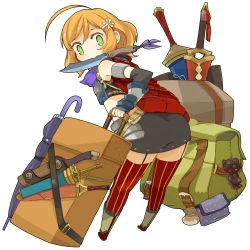 Rule 34 | 1girl, armlet, bright pupils, closed umbrella, full body, garter straps, green eyes, hair ornament, hairclip, looking back, luggage, midriff, mota, mouth hold, orange hair, short hair, simple background, skirt, sleeveless, solo, striped clothes, striped thighhighs, sword, thighhighs, too many, transparent background, umbrella, vertical-striped clothes, vertical-striped thighhighs, weapon