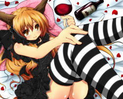 Rule 34 | 1girl, alcohol, bottle, brown eyes, female focus, flat chest, glass, gothic lolita, hair ribbon, haruyonoto, horns, ibuki suika, lace, lolita fashion, long hair, lying, on back, orange hair, petals, pillow, ribbon, solo, striped clothes, striped thighhighs, thighhighs, touhou, wine