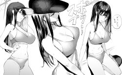 Rule 34 | 1girl, absurdres, bare shoulders, baseball cap, blue archive, bra, breasts, cleavage, commentary request, greyscale, halo, hat, highres, holding, holding towel, large breasts, long hair, mitsukichi, monochrome, no mask, panties, saori (blue archive), sidelocks, sitting, solo, standing, stomach, sweat, towel, translation request, underwear, white background