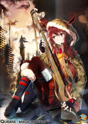 Rule 34 | 1girl, :/, bad id, bad pixiv id, bae.c, black gloves, boots, boyogo, building, copyright name, fingerless gloves, gloves, gun, headset, holding, hood, hooded jacket, jacket, long hair, looking at viewer, military, original, plaid, plaid skirt, pleated skirt, qurare magic library, red eyes, red hair, rifle, school uniform, sitting, skirt, sniper rifle, solo, walter schmidt, watermark, weapon, web address