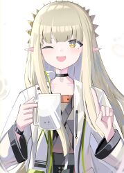 Rule 34 | 1girl, ;d, absurdres, arknights, black skirt, blush, brown eyes, brown hair, brown shirt, cup, eyebrows hidden by hair, hands up, highres, holding, holding cup, jacket, long hair, long sleeves, looking at viewer, mole, mole under eye, muelsyse (arknights), mug, one eye closed, open clothes, open jacket, open mouth, pointy ears, shirt, simple background, skirt, smile, solo, spam (spamham4506), upper body, very long hair, white background, white jacket, wide sleeves