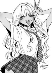Rule 34 | 1girl, akiyama enma, arm behind head, arms up, collared shirt, copyright request, dark-skinned female, dark skin, dress shirt, earrings, greyscale, hair intakes, jewelry, long hair, monochrome, open mouth, plaid, plaid skirt, pleated skirt, school uniform, shirt, shirt tucked in, skirt, smile, solo, tongue, tongue out, v, wavy hair