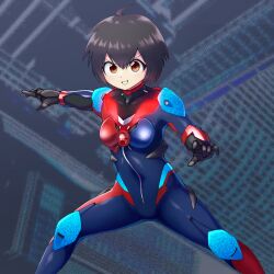 Rule 34 | 1girl, :d, aged up, ahoge, alternate costume, aqua bodysuit, black bodysuit, black gloves, black hair, blue bodysuit, bodysuit, breasts, brown eyes, building, city, commentary, covered navel, dutch angle, film grain, funakingyo, gloves, grey background, grin, highres, looking at viewer, marvel, medium breasts, multicolored bodysuit, multicolored clothes, open mouth, outstretched arms, parted lips, peni parker, pilot suit, red bodysuit, short hair, skin tight, skyscraper, small breasts, smile, solo, sp//dr, spider-man (series), spider-verse, spread legs, v-shaped eyebrows