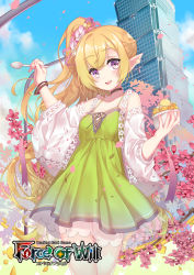 Rule 34 | 1girl, :d, blonde hair, blue sky, blush, building, choker, copyright name, day, dress, flower, food, force of will, fujidouyuu, green dress, hair flower, hair ornament, long hair, looking at viewer, official art, open mouth, outdoors, petals, pointy ears, ponytail, purple eyes, sky, skyscraper, smile, spoon, standing, very long hair, watermark, wristband