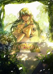 Rule 34 | 1girl, cherry tomato, cup, dress, drinking glass, earrings, elena everia, elf, eu (euspia), flower, fork, frilled gloves, frills, gloves, green eyes, green hair, hair between eyes, hand in own hair, hand on own arm, highres, jewelry, knife, korean commentary, long hair, novel illustration, off-shoulder dress, off shoulder, official art, petals, plate, pointy ears, regressor&#039;s instruction manual, rose, salad, sideways glance, smile, solo, spoon, tomato, white dress, white flower, white gloves, white rose