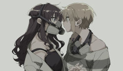 Rule 34 | 2girls, ahn, bare shoulders, black shirt, blonde hair, blue eyes, brown hair, closed mouth, collarbone, commentary request, eye contact, face-to-face, from side, gas mask, green eyes, grey background, hair between eyes, highres, holding hands, ichinose shiki, idolmaster, idolmaster cinderella girls, jacket, long hair, looking at another, mask, miyamoto frederica, multiple girls, off shoulder, respirator, shirt, short hair, sidelocks, simple background, sleeveless, sleeveless shirt, upper body, wavy hair, yuri