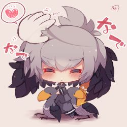 Rule 34 | 10s, 1girl, animal, bird, bird wings, black hair, blush, chibi, closed eyes, closed mouth, collared shirt, disembodied limb, facing viewer, feathered wings, grey hair, grey pantyhose, grey shirt, grey shorts, hair between eyes, head wings, headpat, heart, kemono friends, long sleeves, multicolored hair, muuran, necktie, no shoes, orange hair, pantyhose, shirt, shoebill, shoebill (kemono friends), shorts, signature, solo, spoken heart, standing, translation request, white necktie, wings