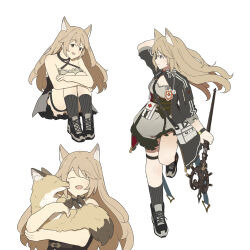 Rule 34 | 1girl, ^ ^, animal, animal ears, arknights, arm up, bag, bare shoulders, black footwear, black jacket, black socks, blonde hair, breeze (arknights), brown eyes, closed eyes, closed mouth, commentary, cross, crossed arms, dress, elysiium, english commentary, fox, fox ears, fox girl, frilled dress, frills, full body, greek cross, grey dress, halterneck, highres, holding, holding animal, holding weapon, hugging own legs, jacket, kneehighs, knees up, leg up, long hair, looking at viewer, looking to the side, multiple views, open clothes, open jacket, open mouth, pouch, red cross, shoes, short dress, simple background, sitting, sleeves past elbows, smile, sneakers, socks, standing, standing on one leg, striped clothes, striped socks, unzipped, vertical-striped clothes, vertical-striped socks, weapon, white background, zipper, zipper pull tab