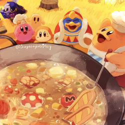 Rule 34 | apron, cappy (kirby), chef hat, chef kawasaki, food, grass, hat, highres, holding, holding ladle, king dedede, kirby, kirby (series), ladle, meta knight, nintendo, open mouth, signature, smile, soup, star block, suyasuyabi, sweatdrop, tree stump, waddle dee