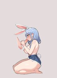 Rule 34 | 1boy, 1girl, animal ear fluff, animal ears, bare legs, barefoot, blue hair, blue shorts, blush, breasts, commentary, denim, denim shorts, disembodied penis, english commentary, erection, fellatio, from side, full body, furrowed brow, grey background, hetero, highres, hololive, just the tip, large breasts, light blue hair, long hair, looking at penis, looking down, maidcousin, mature female, nipples, oral, pekomama, penis, profile, rabbit ears, rabbit girl, rabbit tail, red eyes, seiza, short shorts, shorts, simple background, sitting, solo focus, tail, thick eyebrows, topless, torn clothes, torn shorts, uncensored, virtual youtuber