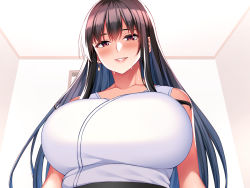 Rule 34 | 1girl, arms at sides, bare arms, bare shoulders, black hair, blush, breast focus, breasts, crop top, earrings, female focus, from below, highres, huge breasts, indoors, jewelry, long hair, looking at viewer, mole, mole under eye, nose blush, original, parted lips, red eyes, sleeveless, smile, solo, sweat, takoneru, tokai onee-chan micchaku tanetsuke 27-ji, upper body
