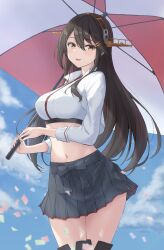 1girl absurdres black_hair black_skirt blue_sky breasts brown_eyes cloud cloudy_sky confetti crop_top hair_ornament hairclip haruna_(kancolle) haruna_(race_queen)_(kancolle) headgear highres holding holding_umbrella jacket kantai_collection large_breasts long_hair looking_at_viewer midriff monoku navel official_alternate_costume outdoors pleated_skirt race_queen shirt skirt sky smile solo umbrella white_jacket