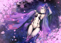 Rule 34 | 1girl, arm up, boots, breasts, cherry blossoms, cleavage, collarbone, fate/grand order, fate (series), from above, groin, highres, horns, looking at viewer, lying, navel, night, on back, outdoors, purple eyes, purple hair, reflecting pool, reflection, reflective water, shiny skin, short hair, shuten douji (fate), sideboob, small breasts, solo, synn032, thigh boots, thighhighs
