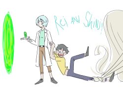 Rule 34 | 1boy, 1girl, 1other, artist request, ayanami rei, belt, blue hair, cosplay, highres, ikari shinji, lab coat, morty smith, morty smith (cosplay), neon genesis evangelion, open mouth, portal gun (rick and morty), rick and morty, rick sanchez, rick sanchez (cosplay), science fiction, shirt, short hair, simple background, third-party source, white background, yellow shirt