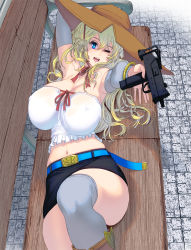 Rule 34 | 1girl, armpits, bare shoulders, bench, blonde hair, blue eyes, breasts, brown hat, cleavage, covered erect nipples, detached sleeves, female focus, from above, gun, hat, highres, huge breasts, kneehighs, kouno (masao), long hair, looking at viewer, lying, mac-10/11, midriff, miniskirt, navel, nipples, no bra, on back, one eye closed, open mouth, original, outdoors, see-through, skirt, smile, socks, solo, submachine gun, thighhighs, thighs, weapon, wink, wooden bench