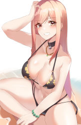 Rule 34 | 1girl, absurdres, arm up, bare arms, bare shoulders, bead bracelet, beads, bikini, black bikini, black choker, blonde hair, bracelet, breasts, choker, commentary request, grin, haneramu, highres, indian style, jewelry, kitagawa marin, large breasts, long hair, looking at viewer, print bikini, ring, simple background, sitting, smile, solo, sono bisque doll wa koi wo suru, stomach, swimsuit, thighs, white background, yellow eyes
