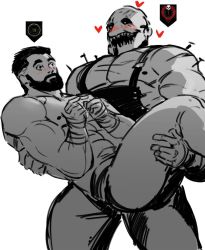 Rule 34 | 2boys, abs, alternate costume, bara, beard, biceps, black sclera, blush, bright pupils, carrying, closed mouth, colored sclera, cowboy shot, david king (dead by daylight), dead by daylight, dopey (dopq), the trapper (dead by daylight), facial hair, fingers together, greyscale, hair slicked back, hand wraps, heart, highres, index fingers together, large pectorals, looking at another, male focus, manly, mask, monochrome, multiple boys, muscular, nipples, open mouth, overalls, pants, pectorals, princess carry, raised eyebrows, sharp teeth, short hair, simple background, sketch, smile, teeth, topless male, w arms, white background, white pupils