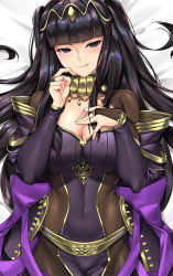 Rule 34 | 1girl, :q, bed sheet, black eyes, black hair, blunt bangs, bodysuit, breasts, bridal gauntlets, close-up, covered navel, dakimakura (medium), dress, fire emblem, fire emblem awakening, hand on own chest, jewelry, large breasts, licking lips, long hair, looking at viewer, matching hair/eyes, nintendo, official alternate costume, smile, solo, tharja (bridal) (fire emblem), tharja (fire emblem), tiara, tongue, tongue out, tony guisado, two side up, upper body, wedding dress