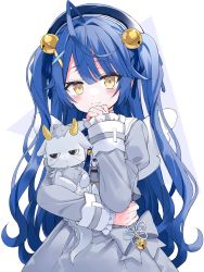 Rule 34 | 1girl, ahoge, amamiya kokoro, bell, beret, black hat, blue hair, blue ribbon, blush, brown eyes, closed mouth, commentary request, dress, fang, fang out, frilled sleeves, frills, grey dress, hair bell, hair between eyes, hair ornament, hair ribbon, hairclip, hand up, hat, highres, jingle bell, juliet sleeves, kuhotaka, long hair, long sleeves, mini wings, nijisanji, puffy sleeves, purple background, ribbon, sleeves past wrists, smile, solo, stuffed animal, stuffed toy, two-tone background, two side up, very long hair, virtual youtuber, white background, white wings, wings, x hair ornament