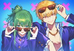 Rule 34 | 1boy, 1other, bikkusama, blonde hair, blue eyes, bright background, collarbone, enkidu (fate), fate/grand order, fate/stay night, fate (series), gakuran, gilgamesh (fate), green hair, highres, long hair, male focus, multiple boys, open clothes, open shirt, pale skin, ponytail, red eyes, school uniform, short hair, smile, sunglasses, tongue, tongue out, white undershirt