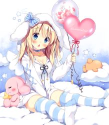 Rule 34 | 1girl, :o, angel wings, animal hood, balloon, between legs, blonde hair, blue bow, blue choker, blue eyes, bow, breasts, chestnut mouth, choker, circle name, cleavage, cloud, collarbone, commentary request, hand between legs, heart balloon, holding, holding balloon, hood, hood up, hooded jacket, jacket, long hair, long sleeves, looking at viewer, no shoes, on cloud, original, pan (mimi), rabbit, rabbit hood, sitting, solo, star (symbol), striped bow, striped clothes, striped thighhighs, ten-chan (pan (mimi)), thighhighs, white jacket, white wings, wings