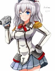 Rule 34 | 1girl, blue eyes, breasts, camcorder, charlotte (anime), cosplay, epaulettes, gloves, grey hair, highres, kantai collection, kashima (kancolle), kashima (kancolle) (cosplay), large breasts, long hair, look-alike, military, military uniform, miniskirt, one eye closed, pleated skirt, saber-freedom, skirt, solo, tomori nao, two side up, uniform, video camera