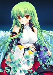 Rule 34 | 00s, 1girl, boots, breasts, c.c., code geass, green hair, jitome, large breasts, long hair, miyasu risa, orange eyes, solo, thigh boots, thighhighs