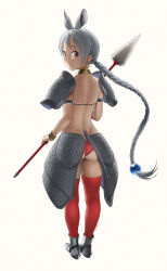 Rule 34 | 1girl, animal ears, armor, armored boots, ass, back, beleven, bikini, boots, braid, closed mouth, dimples of venus, earrings, extra ears, eyelashes, facial mark, forehead mark, from behind, full body, grey eyes, grey hair, highres, holding, holding polearm, holding weapon, hoop earrings, indian rhinoceros (kemono friends), jewelry, kemono friends, legs apart, light smile, long hair, looking at viewer, looking back, low-tied long hair, neck ring, paid reward available, polearm, rhinoceros girl, shoulder armor, simple background, single braid, skindentation, solo, standing, swimsuit, tail, tan, thighhighs, very long hair, weapon, white background