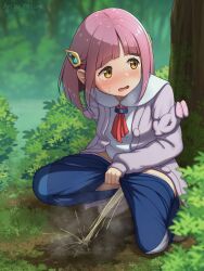 Rule 34 | 1girl, arisu kazumi, artist name, blue pants, blush, bob cut, breath, bush, cardigan, clothes pull, creatures (company), day, forest, game freak, grass, hair ornament, hairclip, lacey (pokemon), long sleeves, looking to the side, nature, neckerchief, nintendo, open mouth, outdoors, panties, pants, pants pull, panty pull, peeing, pink hair, pink panties, pokemon, pokemon sv, puddle, purple cardigan, red neckerchief, shirt, shoes, short hair, solo, squatting, steam, sweat, thick eyebrows, tree, underwear, watermark, white footwear, white shirt, yellow eyes