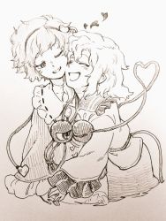 Rule 34 | 2girls, :d, blouse, buttons, commentary, closed eyes, frilled shirt collar, frilled sleeves, frills, graphite (medium), greyscale, hair ornament, hairband, happy, head tilt, heads together, heart, heart button, heart hair ornament, heart of string, hug, komeiji koishi, komeiji satori, long sleeves, looking at another, medium hair, menotama, monochrome, multiple girls, no headwear, no headwear, nuzzle, one eye closed, open mouth, ribbon trim, shirt, short hair, siblings, sisters, skirt, smile, third eye, touhou, traditional media, wide sleeves