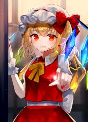 Rule 34 | 1girl, arms up, ascot, blonde hair, commentary, ear piercing, earrings, fang, flandre scarlet, glowing, grin, hat, hat ribbon, indoors, jewelry, light particles, looking at viewer, mob cap, nail polish, one side up, orange eyes, piercing, pointy ears, puffy short sleeves, puffy sleeves, reaching, reaching towards viewer, red nails, red skirt, red vest, ribbon, sakizaki saki-p, shirt, short hair, short sleeves, skin fang, skirt, smile, solo, standing, stud earrings, touhou, twilight, upper body, vest, white hat, white shirt, window, wings, wrist cuffs, yellow ascot
