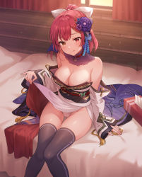 Rule 34 | 1girl, anchor choker, bed, bed sheet, black thighhighs, blue ribbon, blush, breasts, choker, cleavage, clothes lift, commentary request, curtains, feet out of frame, flower, fundoshi, hair flower, hair ornament, hair ribbon, heart, heart-shaped pupils, heterochromia, highres, hololive, houshou marine, japanese clothes, kimono, kimono lift, large breasts, licking lips, looking at viewer, mikami nacaba, red eyes, red hair, ribbon, short hair, short ponytail, sitting, sleeveless, sleeveless kimono, solo, symbol-shaped pupils, tassel, thighhighs, tissue box, tongue, tongue out, virtual youtuber, white ribbon, window, yellow eyes