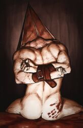 Rule 34 | 1boy, arms behind back, ass, bara, belt, bound, bound arms, brown theme, completely nude, feet out of frame, from behind, handprint, highres, improvised bondage, male focus, monster boy, muscular, muscular male, nude, object head, pyramid head, silent hill (series), silent hill 2, smokerichi, solo