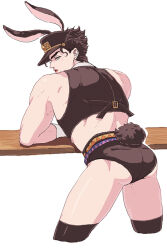 Rule 34 | 1boy, adapted costume, animal ears, ass, black panties, black thighhighs, crop top, detached collar, fake animal ears, jojo no kimyou na bouken, kuujou joutarou, lanxjourney, leaning forward, looking at viewer, looking back, male focus, panties, parted lips, rabbit ears, rabbit tail, solo, stardust crusaders, tail, thighhighs, underwear, wrist cuffs