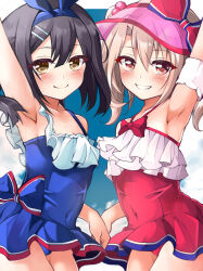 Rule 34 | 2girls, arm up, armpits, bare shoulders, black hair, blue one-piece swimsuit, blush, bow, breasts, brown eyes, cape, casual one-piece swimsuit, collarbone, commentary request, cosplay, covered navel, dress swimsuit, fate/grand order, fate/kaleid liner prisma illya, fate (series), grin, highres, illyasviel von einzbern, illyasviel von einzbern (swimsuit archer), illyasviel von einzbern (swimsuit archer) (cosplay), illyasviel von einzbern (swimsuit archer) (second ascension), inflatable armbands, long hair, looking at viewer, matching outfits, miyu edelfelt, mochi (k620803n), multiple girls, one-piece swimsuit, orange eyes, pink cape, red bow, red eyes, red one-piece swimsuit, revision, small breasts, smile, star (symbol), star print, swimsuit, thighs, twintails, visor cap, white hair
