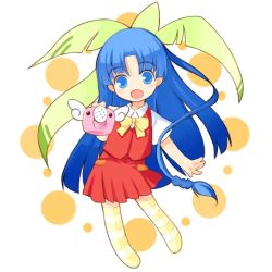 Rule 34 | 1girl, :d, blue eyes, blue hair, chibi, kurasuke, long hair, matching hair/eyes, open mouth, simple background, smile, solo, striped clothes, striped thighhighs, thighhighs, watering can