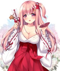 Rule 34 | 1girl, alcohol, arrow (projectile), bare shoulders, blush, boar, bowl, breasts, charm (object), cleavage, collarbone, cup, flower, frilled sleeves, frills, hair between breasts, hair between eyes, hair flower, hair ornament, hair ribbon, hakama, hakama skirt, hamaya, highres, holding, holding arrow, holding cup, japanese clothes, large breasts, long hair, long sleeves, looking at viewer, miko, nengajou, new year, nontraditional miko, one side up, open mouth, original, pinching sleeves, pink eyes, pink hair, red hakama, ribbon, ribbon-trimmed sleeves, ribbon trim, ringo sui, sakazuki, shippou (pattern), side ponytail, signature, simple background, skirt, solo, very long hair, white sleeves, wide sleeves