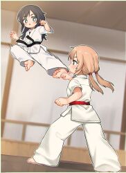 Rule 34 | 2girls, absurdres, barefoot, belt, black belt, black hair, brown hair, commentary request, dougi, full body, highres, indoors, karate, kicking, kuma-bound, low twintails, martial arts belt, multiple girls, open mouth, original, pants, red belt, soles, sweat, toes, twintails, v-shaped eyebrows, white pants