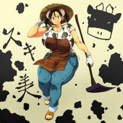Rule 34 | 1girl, adze, animal print, apron, belt, black hair, blush, breasts, brown eyes, brown hair, cleavage, commentary request, cow girl, cow print, curvy, denim, full body, gigantic breasts, gloves, gradient background, hand on headwear, hat, hataraki ari, hoe, horns, huge breasts, jeans, looking at viewer, no socks, original, pants, plump, print shirt, sandals, shirt, short sleeves, signature, smile, solo, straw hat, sukimi, thick thighs, thighs, translation request, twintails, white gloves, wide hips, worktool