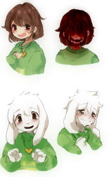 Rule 34 | 1boy, androgynous, asriel dreemurr, bad id, bad tumblr id, blood, bloody tears, blush, brown hair, chara (undertale), clenched teeth, crying, crying with eyes open, furry, green eyes, heart, heart necklace, jewelry, koyashaka, monster boy, necklace, red eyes, shirt, smile, spoilers, striped clothes, striped shirt, tears, teeth, undertale