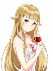 Rule 34 | 10s, 1girl, alcohol, bai banca, blonde hair, breasts, cleavage, corset, cup, drinking glass, long hair, looking at viewer, princess, princess (princess principal), princess principal, grey eyes, simple background, smile, solo, white background, wine, wine glass