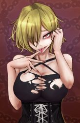 Rule 34 | 1girl, aurelia (dorei to no seikatsu), bare arms, bare shoulders, black dress, blonde hair, breasts, chain, cleavage, commentary request, dorei to no seikatsu ~teaching feeling~, dress, licking finger, finger to mouth, fingernails, hair over one eye, hands up, highres, large breasts, licking, looking at viewer, makeup, nail polish, one eye covered, original, ray-k, red eyes, red nails, saliva, saliva trail, short hair, solo, tongue, tongue out, torn clothes, upper body