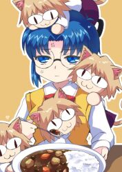 Rule 34 | 5girls, :3, anger vein, animal ears, blonde hair, blue eyes, blue hair, breasts, brown eyes, cat ears, cat girl, cat tail, chibi, ciel (tsukihime), commentary request, curry, food, holding, holding spoon, large breasts, lo lis, multiple girls, neco-arc, on head, plate, rice, signature, slit pupils, spoon, sweater vest, table, tail, tsukihime